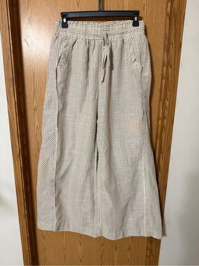 Umgee Linen Blend Wide Leg Pants Tan Stripe Size Small Coastal Resort